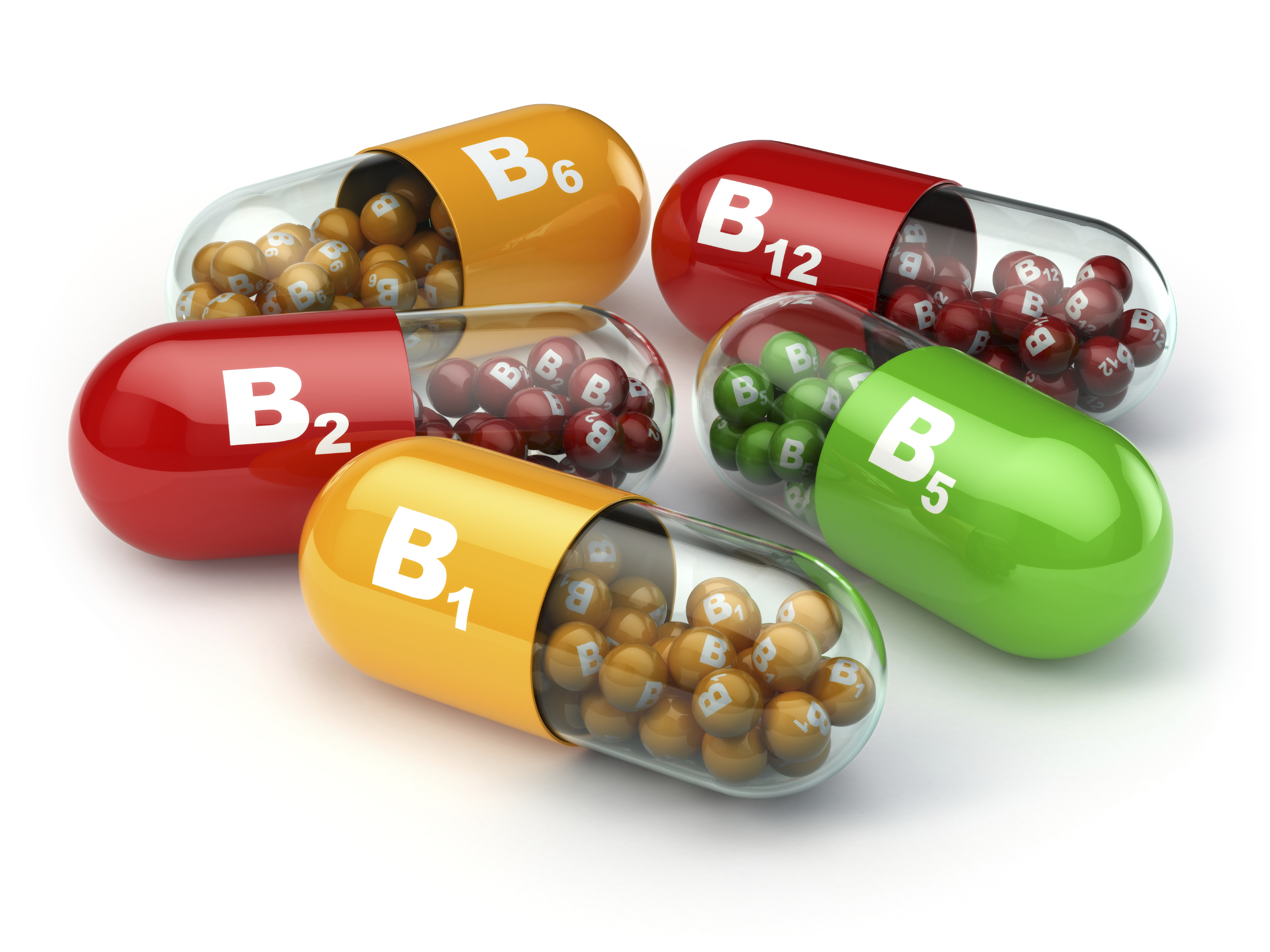 Vitamin B. Capsules B1 B2 B6 B12 on white isolated background.